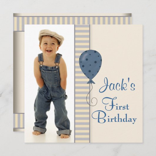 ブラウンブルーボーイズ写真誕生日パーティー 招待状 (正面/裏面)