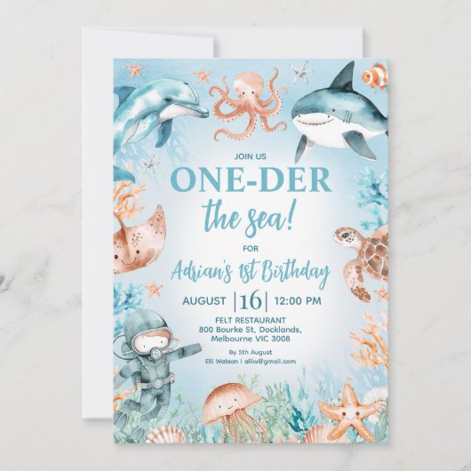 ブラウンブルーボーイズ海のワンダーズ最初の誕生日 招待状 (正面)