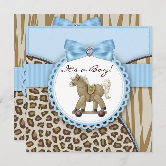 ブラウンブルーロッキング馬男の赤ちゃんシャワー 招待状 (正面/裏面)