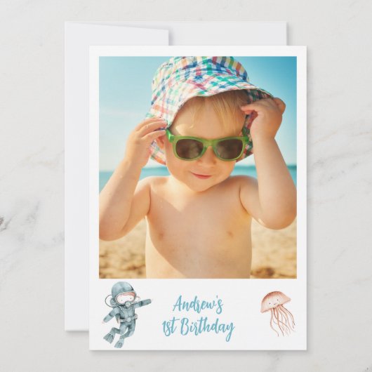 ブラウンブルー写真ワンダーザ海の最初の誕生日 招待状 (裏面)