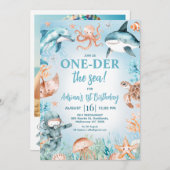 ブラウンブルー写真ワンダーザ海の最初の誕生日 招待状 (正面/裏面)