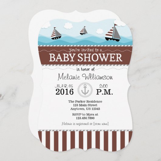 ブラウンブルー航海のベビーシャワー招待状 招待状 (正面/裏面)