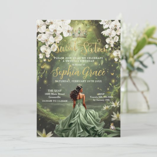 ブラウンプリンセスとカエルのセージ緑のドレス甘い16 招待状 (スタンド正面)