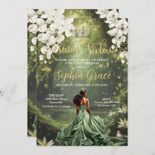 ブラウンプリンセスとカエルのセージ緑のドレス甘い16 招待状 (正面/裏面)