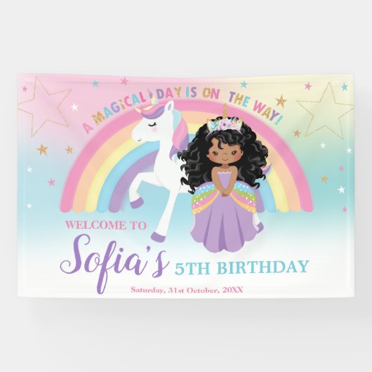 ブラウンプリンセスユニコーン誕生日レインボーウェルカム 横断幕 (横)