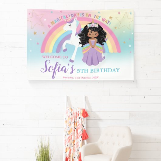 ブラウンプリンセスユニコーン誕生日レインボーウェルカム 横断幕 (インサイチュ)