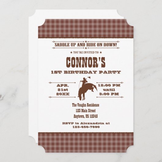 ブラウンプレイドカウボーイロデオ誕生日招待状 招待状 (正面/裏面)