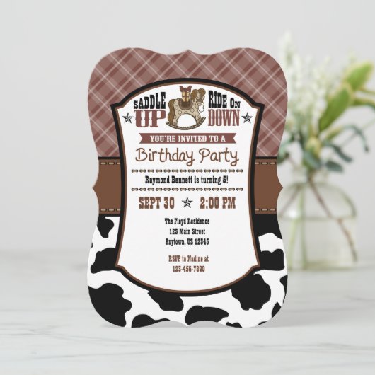 ブラウンプレイドコウィドカウボーイ誕生日招待状 招待状 (スタンド正面)
