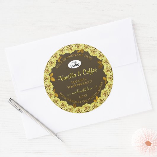 ブラウンプロダクトラベルイエローローズの開花追加ロゴ ラウンドシール (封筒)