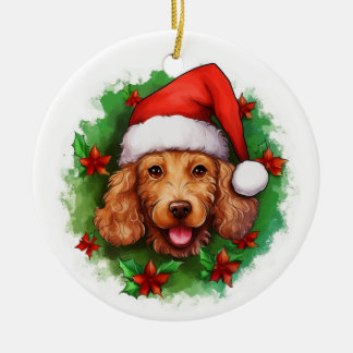 ブラウンプードルクリスマスリース セラミックオーナメント