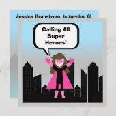 ブラウンヘアガールすごいヒーロー誕生日招待状 招待状 (正面/裏面)