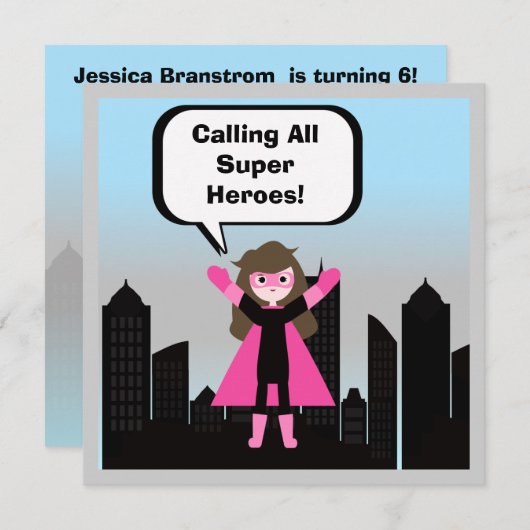 ブラウンヘアガールすごいヒーロー誕生日招待状 招待状 (正面/裏面)