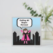 ブラウンヘアガールすごいヒーロー誕生日招待状 招待状 (スタンド正面)