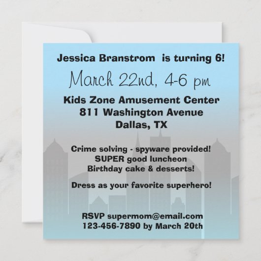 ブラウンヘアガールすごいヒーロー誕生日招待状 招待状 (裏面)