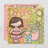 ブラウンヘアガールサマーレモネード誕生日招待状 招待状 (正面/裏面)