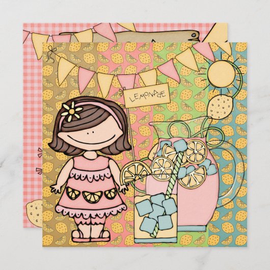 ブラウンヘアガールサマーレモネード誕生日招待状 招待状 (正面/裏面)