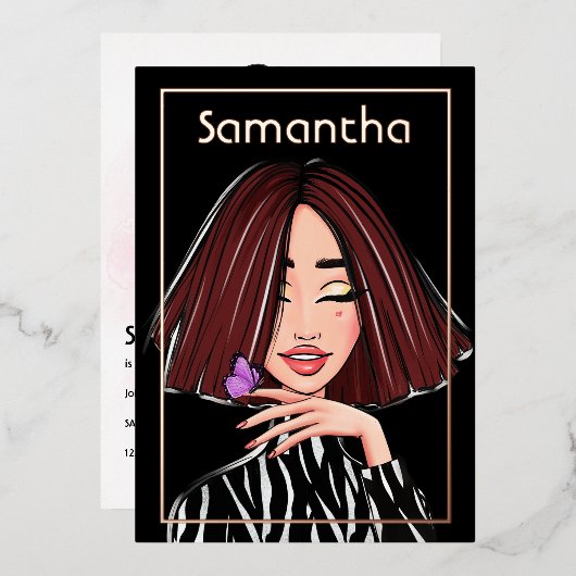 ブラウンヘアガールバースデーパーティー 箔招待状 (正面/裏面)