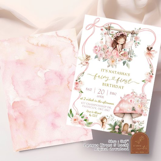 ブラウンヘアガール妖精の最初の誕生日の招待 招待状