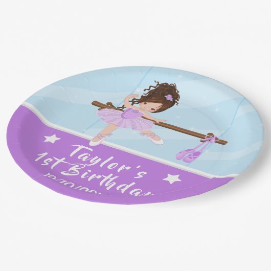 ブラウンヘアバレリナパープルツツ誕生日紙Pl ペーパープレート (アングル)