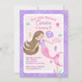 ブラウンヘアピンクパープルのマーメイド誕生日 招待状 (正面)