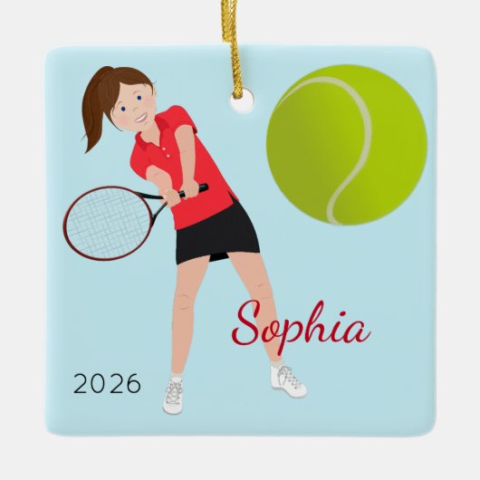 ブラウンヘアブルーアイズテニス選手 セラミックオーナメント (正面)
