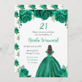 ブラウンヘアプリンセスグリーンフローラバースデーパーティー 招待状 (正面/裏面)