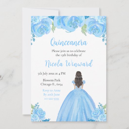 ブラウンヘアプリンセスブルーフローラキンセアニェラ 招待状 (正面)