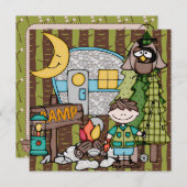 ブラウンヘアボーイキャンピング誕生日招待状 招待状 (正面/裏面)