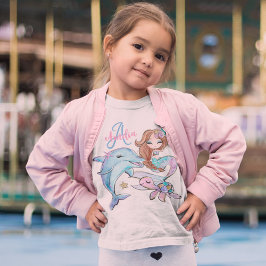 ブラウンヘアマーメイドカスタムキッズネームピンクガール Tシャツ