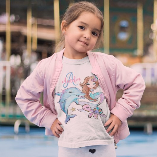ブラウンヘアマーメイドカスタムキッズネームピンクガール Tシャツ