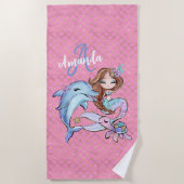 ブラウンヘアマーメイド名前をカスタムするガールピンク ビーチタオル (正面)