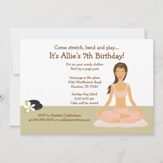 ブラウンヘアヨガガールバースデーパーティー5x7招待状 招待状 (正面)