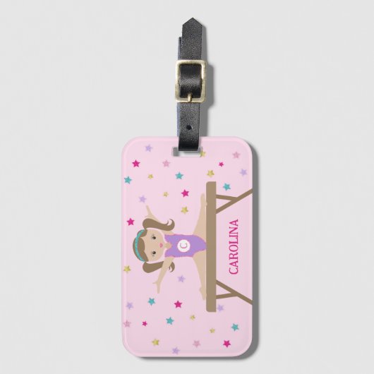 ブラウンヘア&グリッター星名でかわいい体操選手 ラゲッジタグ (正面縦)