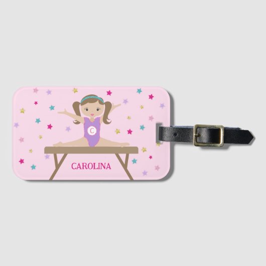 ブラウンヘア&グリッター星名でかわいい体操選手 ラゲッジタグ (正面横)