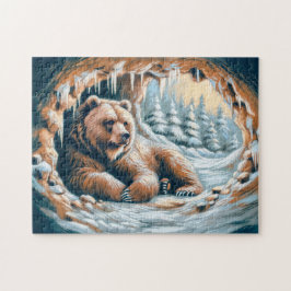 ブラウンベアインウィンターケーブパステルチョークスケッチ ジグソーパズル