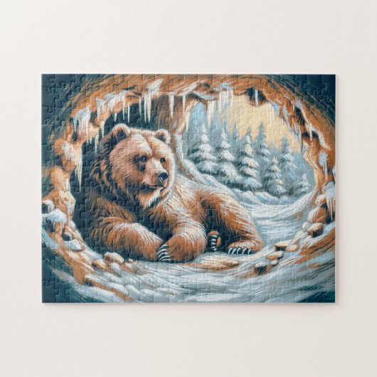 ブラウンベアインウィンターケーブパステルチョークスケッチ ジグソーパズル (横)