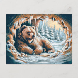 ブラウンベアインウィンターケーブパステルチョークスケッチ ポストカード