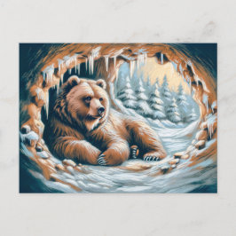 ブラウンベアインウィンターケーブパステルチョークスケッチ ポストカード