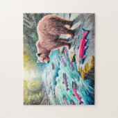 ブラウンベアウォッチングサーモンパステルチョークスケッチ ジグソーパズル (縦)