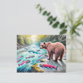 ブラウンベアウォッチングサーモンパステルチョークスケッチ ポストカード (スタンド正面)