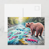 ブラウンベアウォッチングサーモンパステルチョークスケッチ ポストカード (正面/裏面)