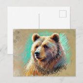 ブラウンベアポートレートパステルチョークアートワーク ポストカード (正面/裏面)