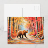 ブラウンベアーインオータムフォレストパステルチョークアート ポストカード (正面/裏面)