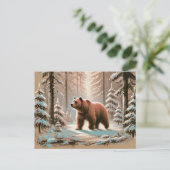 ブラウンベアーインスノーフォレストパステルチョークアート ポストカード (スタンド正面)