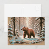 ブラウンベアーインスノーフォレストパステルチョークアート ポストカード (正面/裏面)