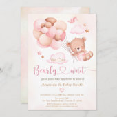 ブラウンベアーバルーンガールベビーシャワー招待状 招待状 (正面/裏面)