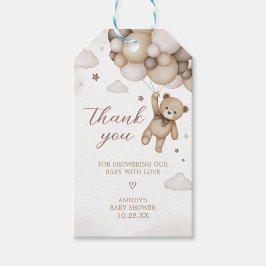 ブラウンベアーバルーンベビーシャワーメッセージカード ギフトタグ (正面)
