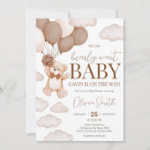 ブラウンベアーバルーン真珠のように待つ赤ちゃんシャワー 招待状 (正面)