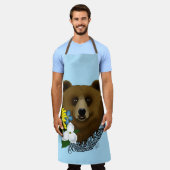 ブラウンベアーブルーの花の羽 エプロン (着用した状態)