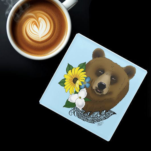 ブラウンベアーブルーの花の羽 ガラスコースター